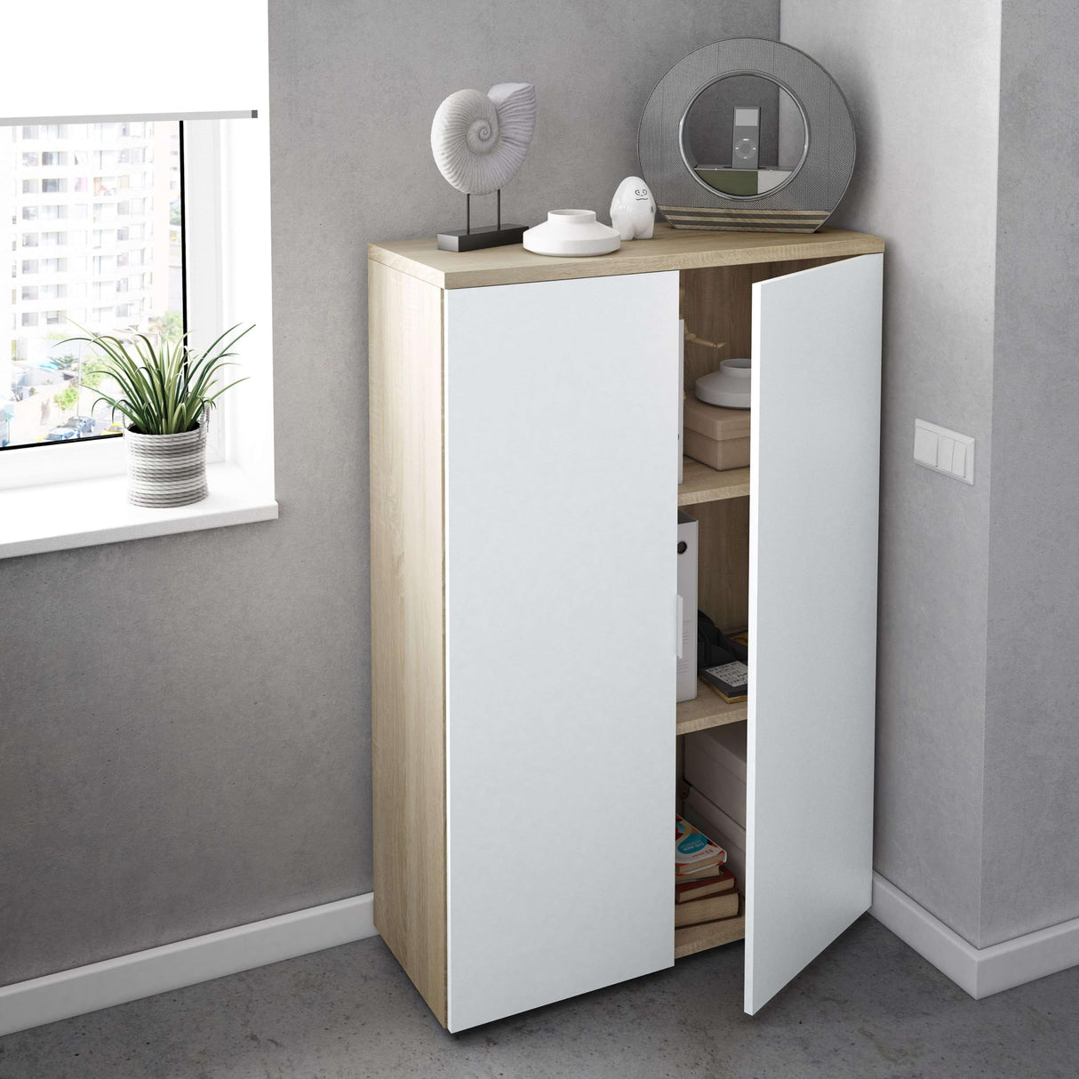Habitdesign Mueble Auxiliar Despacho, Armario Estudio, 119x80x32,5 (AltoxAnchoxFondo - en cm), Color Blanco Artik y Roble Canadian, Modelo Office