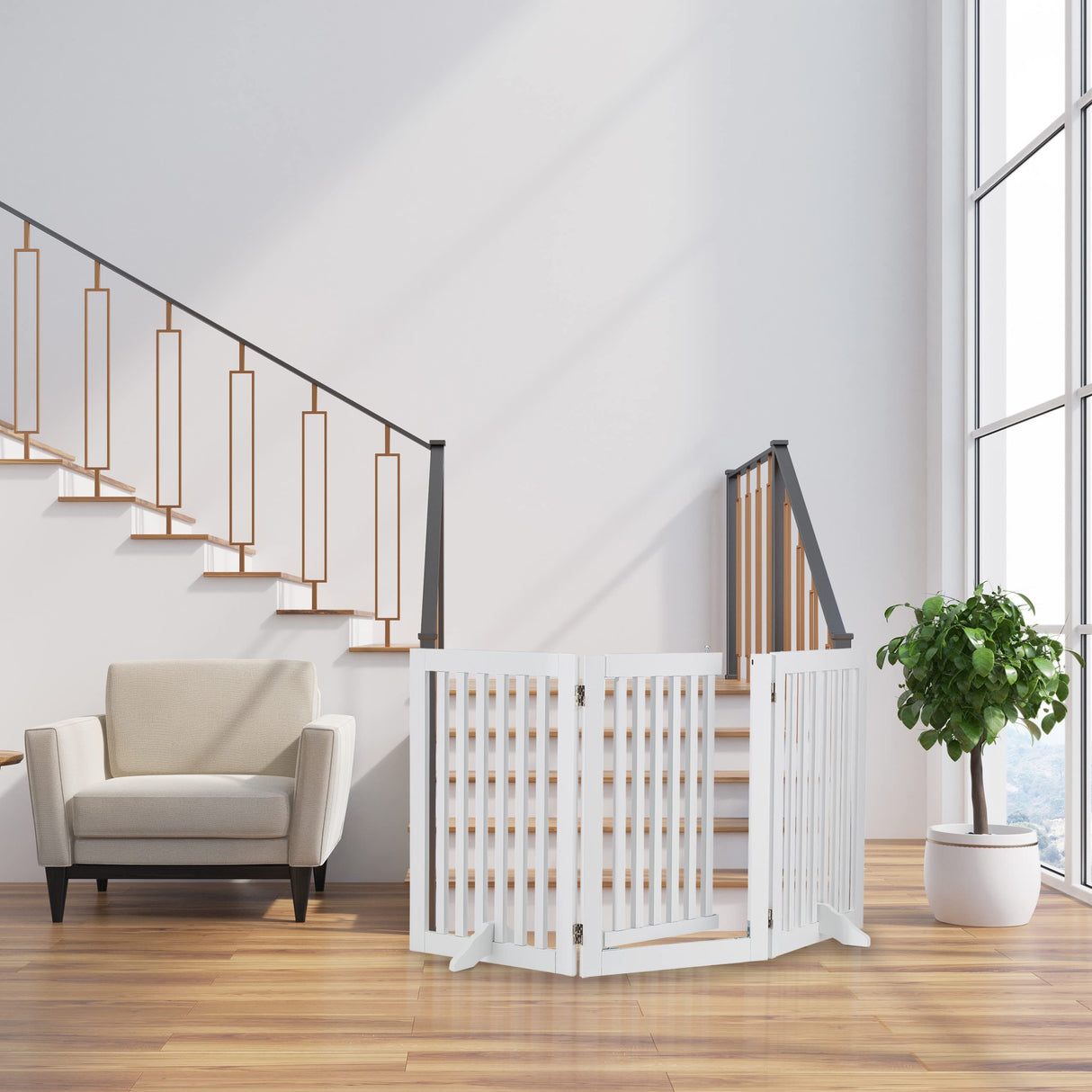 Relaxdays Barrera Seguridad Niños, Valla Protectora con Puerta, para Escaleras, 92x154cm, Plegable, sin Taladrar, Blanco, Tablero de Fibras