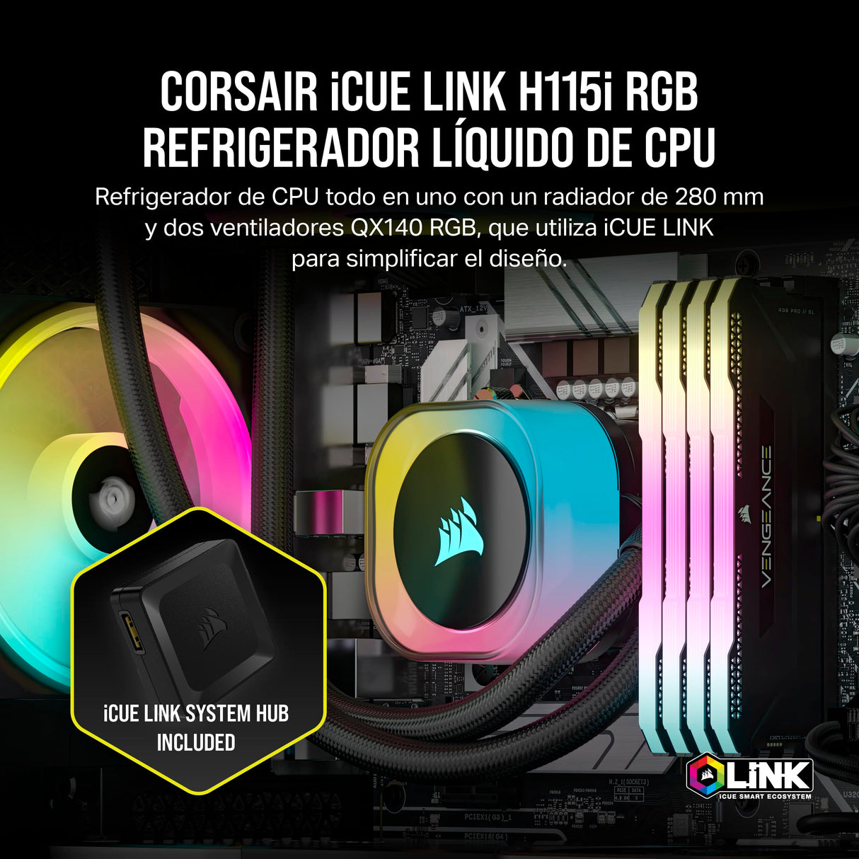 Corsair iCUE Link H115i RGB Refrigerador Líquido RGB para CPU - 280mm AIO - Ventiladores QX140 RGB - Se Adapta a Intel® LGA 1700, AMD® AM5 - Concentrador de Sistema iCUE Link Incluido - Negro
