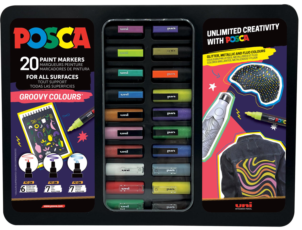 Uni-Ball 186831 - Juego de rotuladores POSCA, 20 rotuladores acrílicos en estuche, juego de rotuladores Groovy Colours, punta PWE5M 1.8-2.5 mm