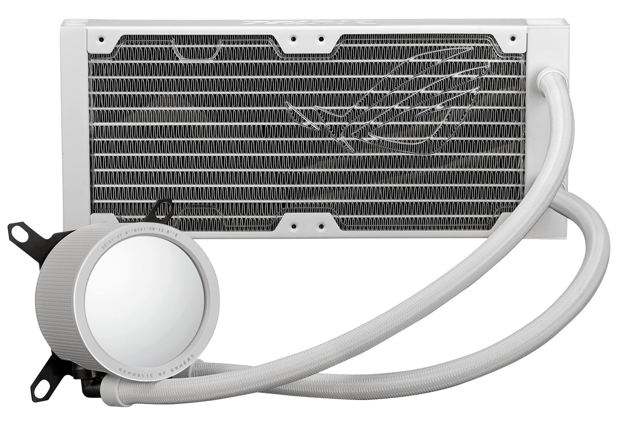 ASUS ROG RYUO III 240 ARGB White Edition Enfriador líquido todo en uno AIO de CPU de 240 mm, solución de bomba Asetek de 8ª generación, pantalla LED Anime Matrix™ y ventilador ROG AF 12S ARGB.