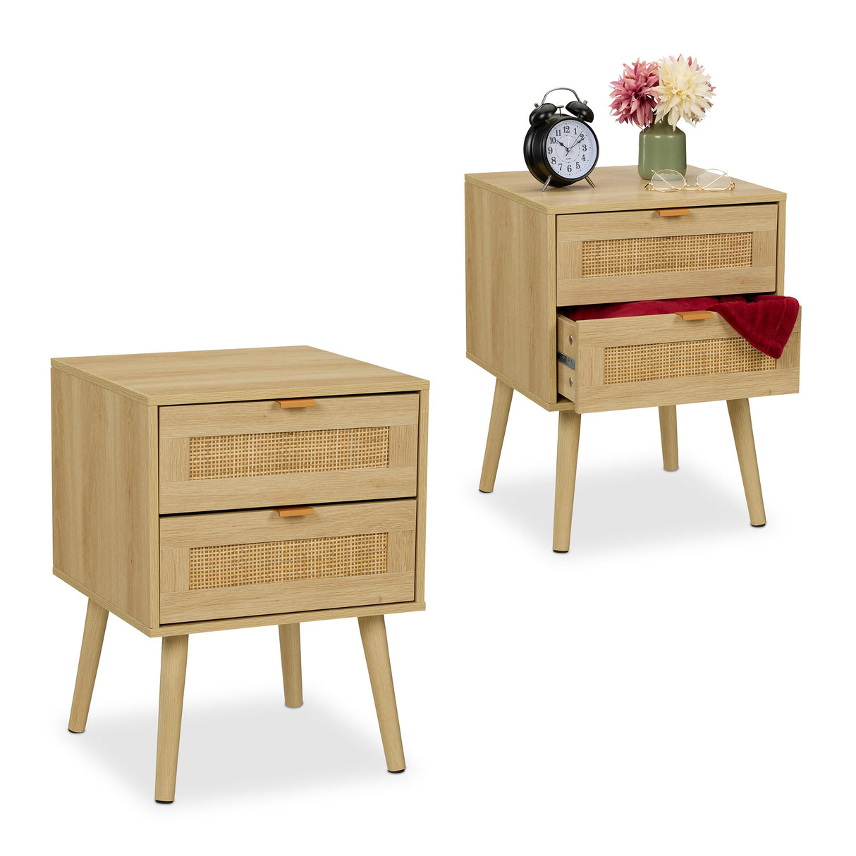 Relaxdays Mesita de Noche, Cajones, Set de 2, Estilo Ratán, Mesilla Dormitorio Efecto Madera, 55 x 40 x 41,5 cm, Natural, Tablero de Fibras, Aluminio, 2 Unidades