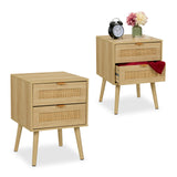 Relaxdays Mesita de Noche, Cajones, Set de 2, Estilo Ratán, Mesilla Dormitorio Efecto Madera, 55 x 40 x 41,5 cm, Natural, Tablero de Fibras, Aluminio, 2 Unidades
