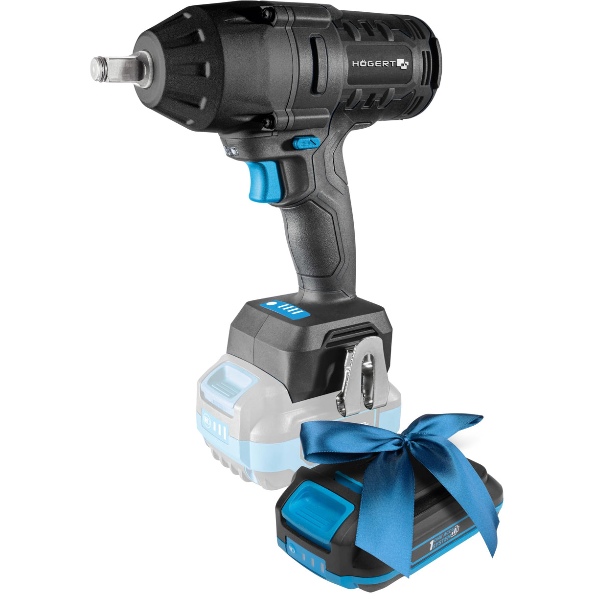 Högert Technik Atornillador de impacto inalámbrico de 18 V, 600 Nm, par de arranque de 900 Nm, motor sin escobillas, mango cuadrado de ½, iluminación LED, engranaje metálico + batería PROMO de 2,0 Ah