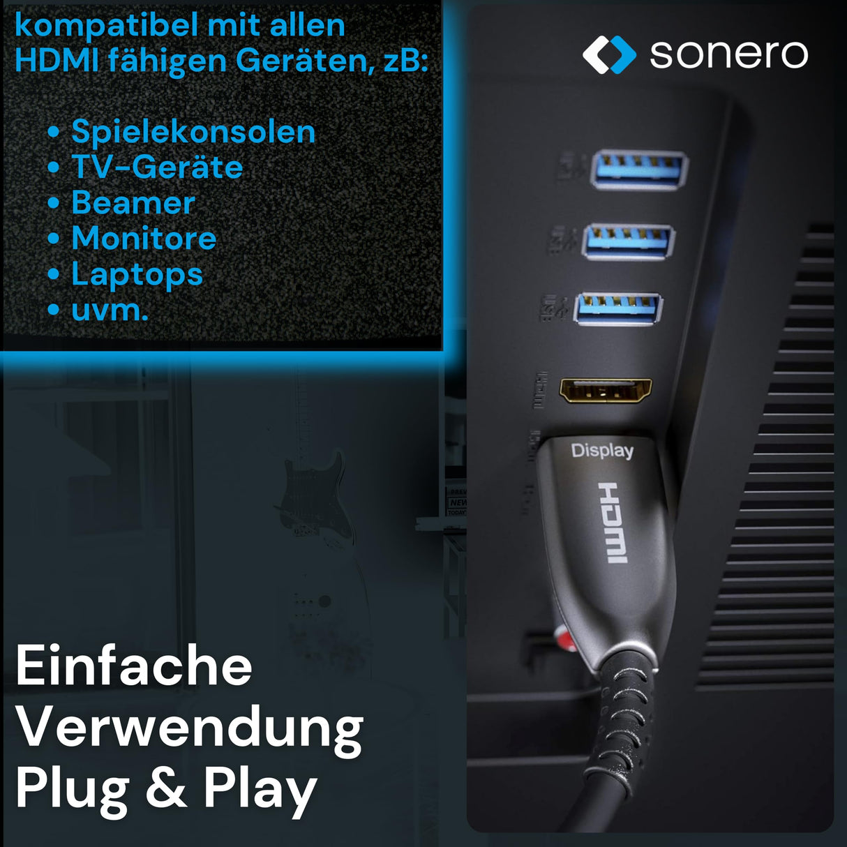 Sonero® Cable 8K-HDMI 2.1, Cable híbrido de Fibra óptica, resolución hasta 8K 60 Hz (7680 x 4320) / 4K 120Hz (3840 × 2160), Soporte HDCP 2.2, Antracita, 40 Metros