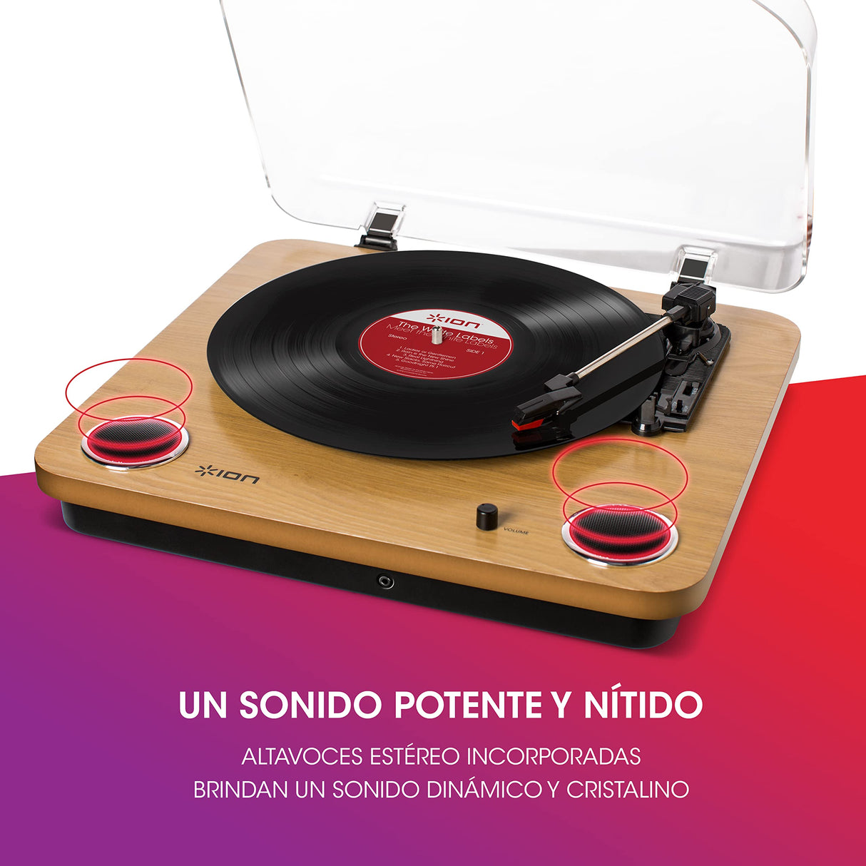 ION Audio Max LP - Reproductor de discos de vinilo Bluetooth con altavoces integrados y USB, color madera