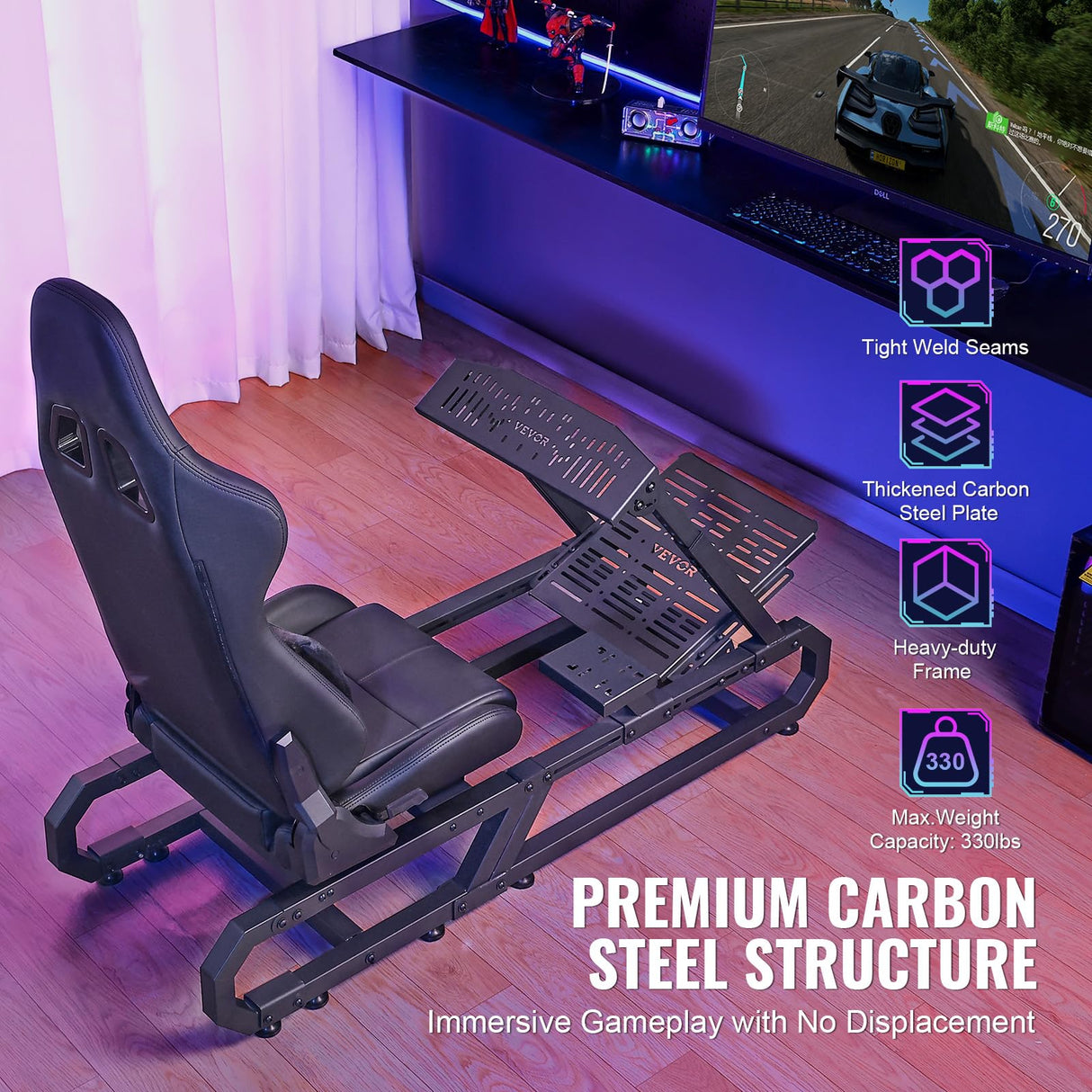 VEVOR Soporte para Volante de Carreras para Logitech G923/G920/G29, Cabina de Simulador de Conducción de Acero Resistente, y Ángulo del Pedal Ajustables 605-795 mm ± 5, Compacto, 1430 x 640 x 1270 mm