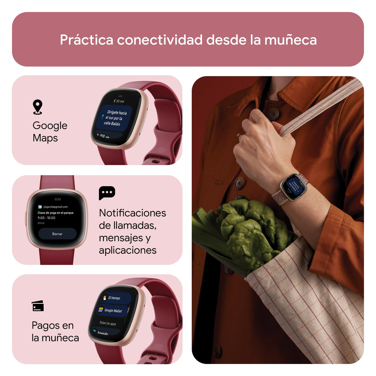 Fitbit Versa 4,Beet/Copper Rose Smartwatch, Unisex-Adult, Rojo Cereza/Aluminio Rosa cobrizo, One Size