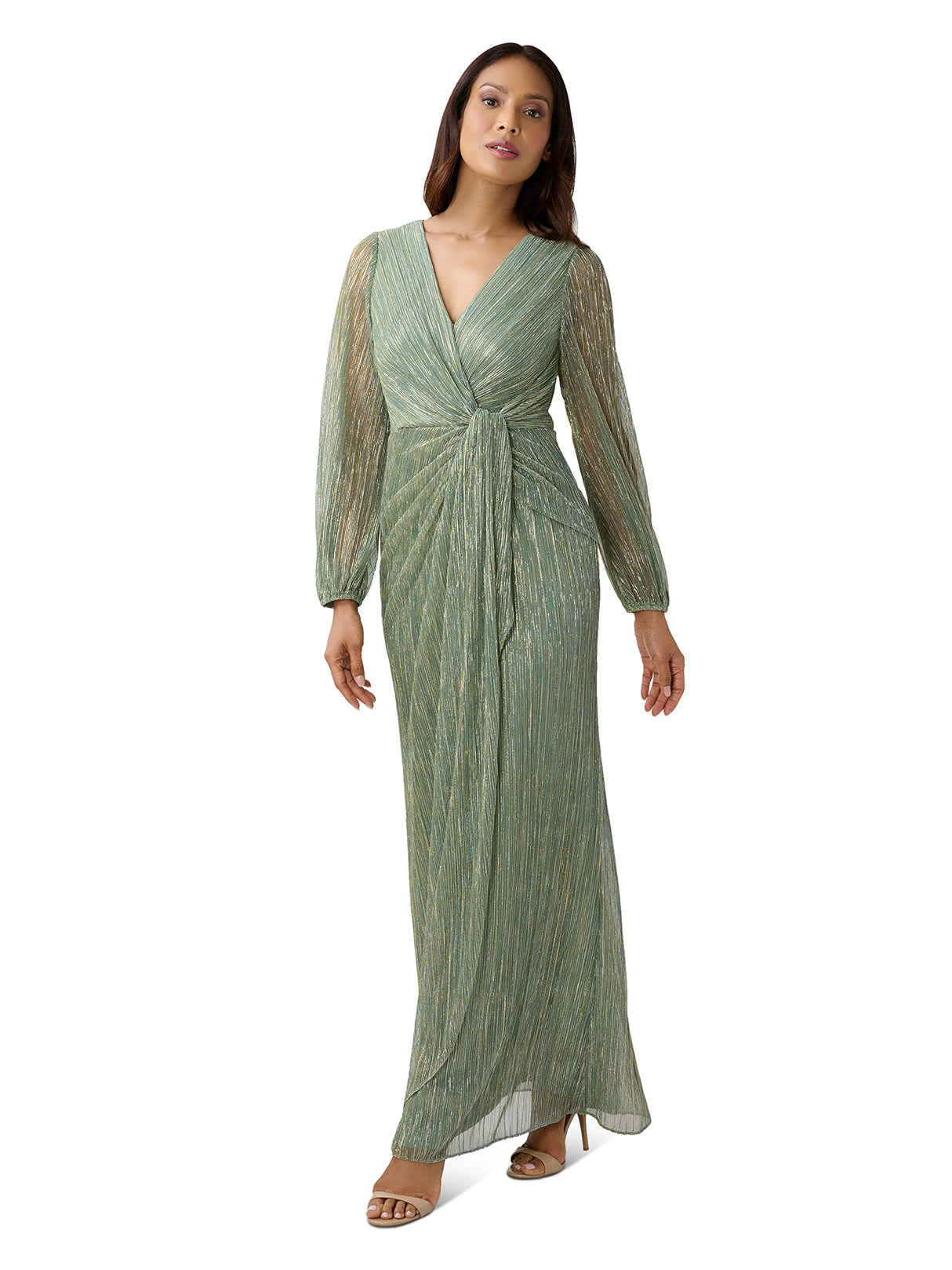 Adrianna Papell Metallic Mesh Draped Gown Vestido para ocasión Especial, Pizarra Verde, 42 para Mujer
