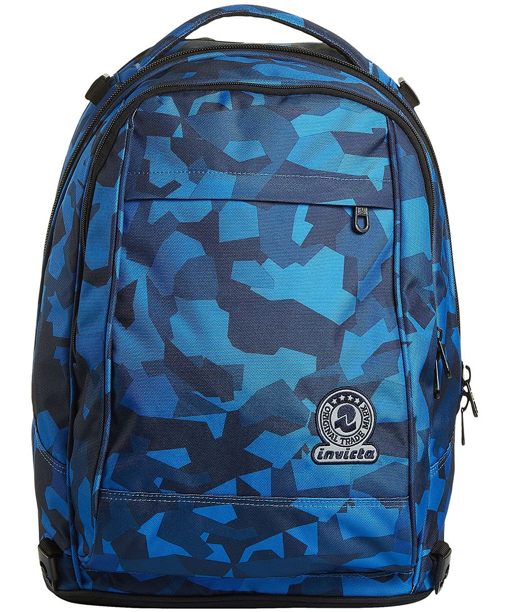 Invicta Mochila con Ruedas Desmontables + Carro, CAMO SQUARED, Azul Camu - Mochila 3 en 1, Trolley Escolar con Carro, Crossover System - Bolso Escolar Niños y Adolescentes - Doble Bolsillo Frontal