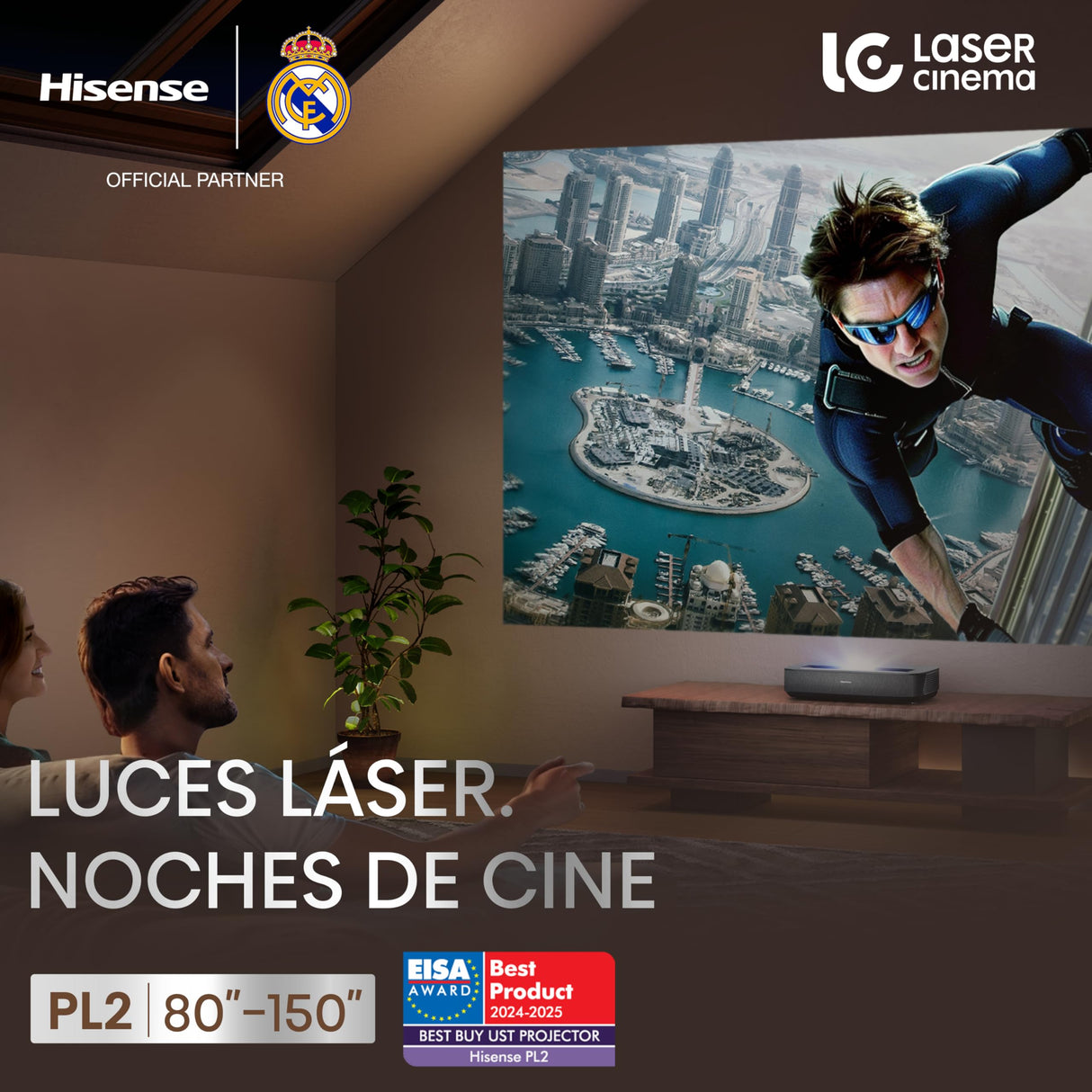Hisense PL2 - Proyector Laser UHD 4K Smart TV de Tiro Corto, de 80 a 150 Pulgadas, 2400 lumenes, HDR10, Contraste Nativo 3000:1, Dolby Vision, Dolby Atmos, Smooth Motion, Mando Solar