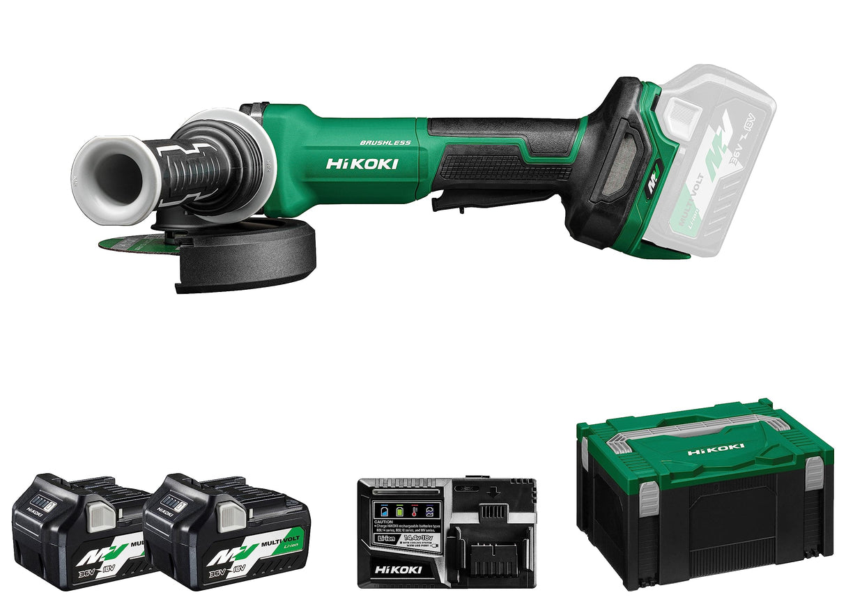 HiKOKI Akku-Winkelschleifer G3613DF (36V, 125mm, Brushless, Spindelarretierung, M14, Zubehör, Ladegerät und 2x 2,5 Ah Akku)