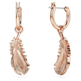 Swarovski Pendientes Nice, Motivo de Pluma, Cristales Blancos, Baño tono oro rosa