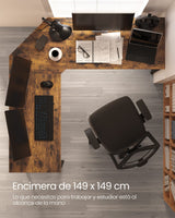 VASAGLE Escritorio de Esquina, Escritorio en Forma de L, 149 x 149 x 76 cm, Ahorra Espacio, Oficina en Casa, Juegos, Marrón Rústico y Negro Tinta LWD73X