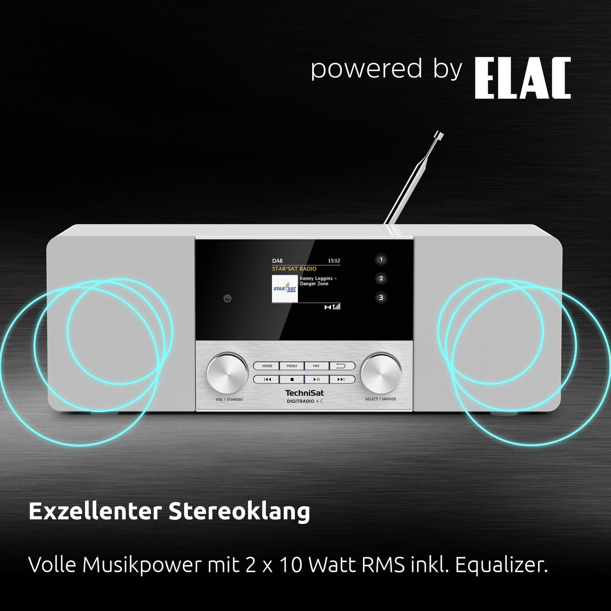 TechniSat - Radio Digital estéreo 4 C (Dab +, FM, Pantalla a Color, Bluetooth, conexión para Auriculares, Entrada Auxiliar, Pantalla OLED, 20 W RMS, Altavoz Elac), Color Blanco