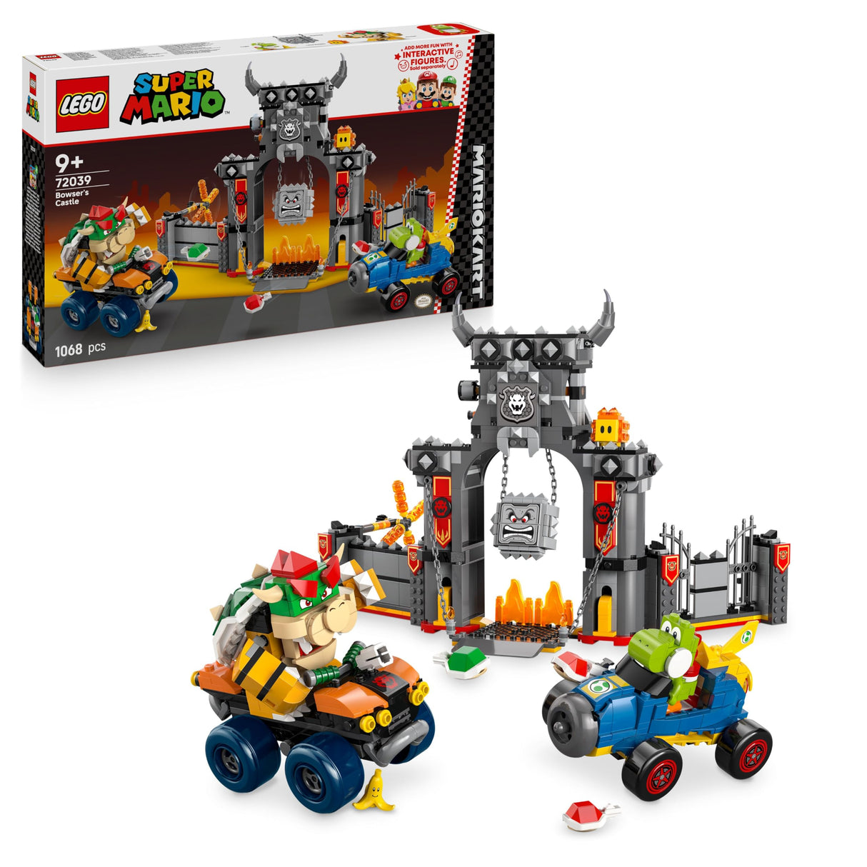 LEGO Super Mario: Mario Kart – Castillo de Bowser - Juego Interactivo con 2 Coches de Juguete y 4 Figuras Inc. Yoshi - Regalo de Nintendo para Niños y Niñas de 9+ Años 72039