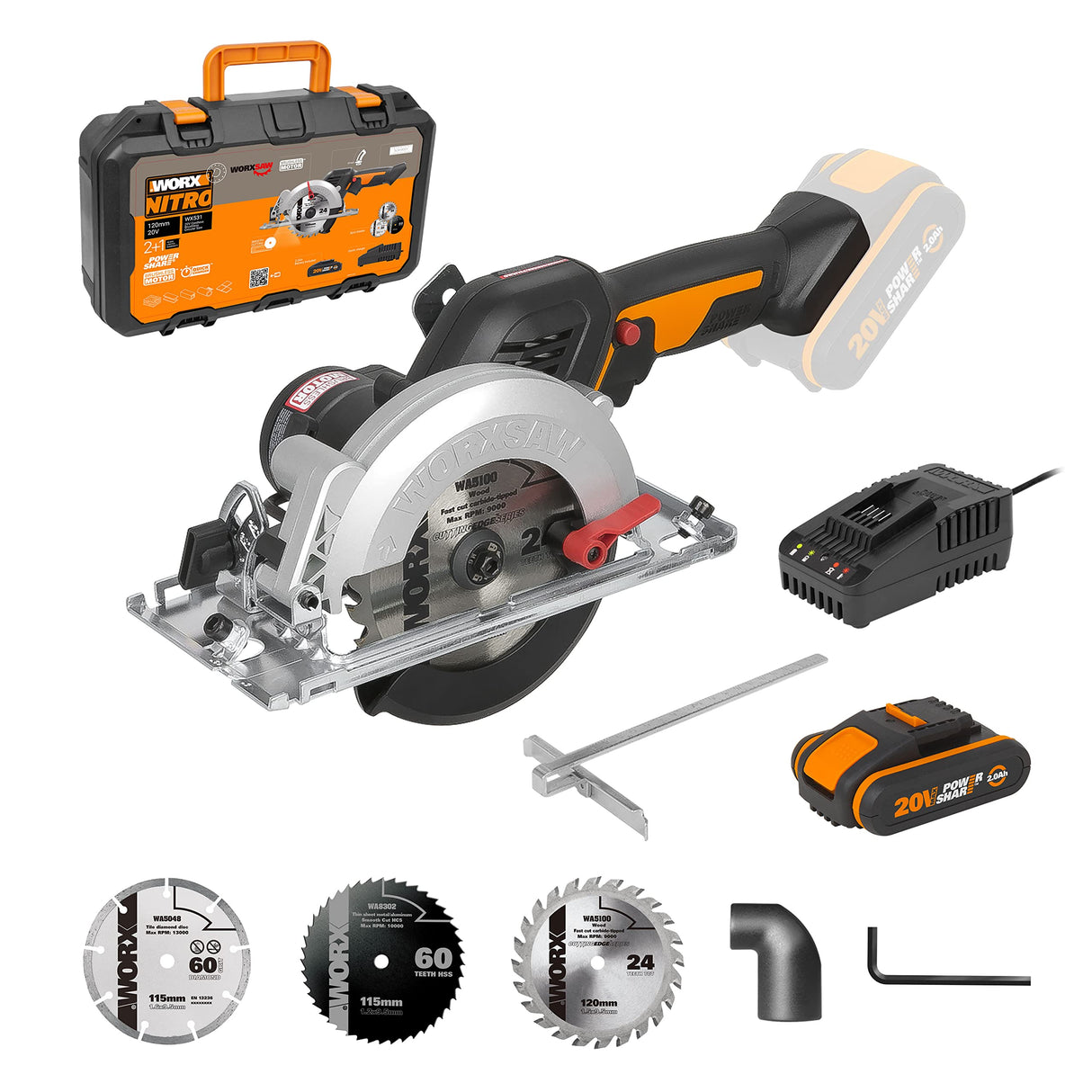 WORX Sierra circular Brushless WORXsaw XL 20V | PowerShare | WX531-1 batería 2Ah | Motor sin escobillas, diseño de cuerpo fino, rápido ajuste de profundidad