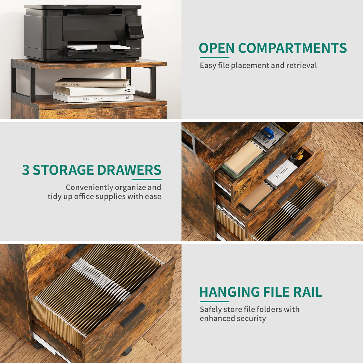 YITAHOME Archivador móvil con Ruedas, cajón con Ruedas, contenedor con cajones, Armario de Oficina, Armario con Ruedas, cajonera para casa o Oficina, 45,7 x 36 x 76,2 cm (marrón Vintage)