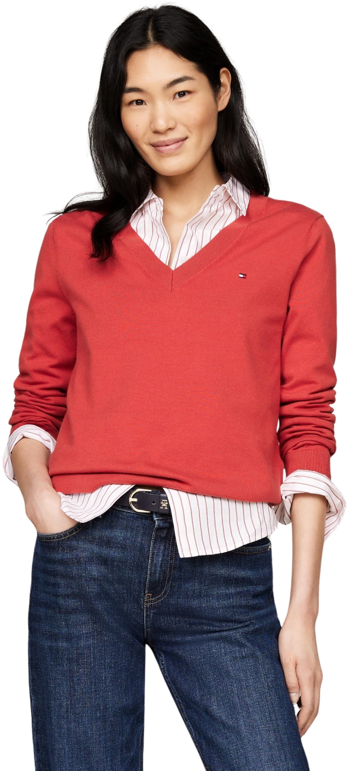 Tommy Hilfiger Mujer Jersey V-Neck Jersey de Punto, Rojo (Terra Red), 3XL
