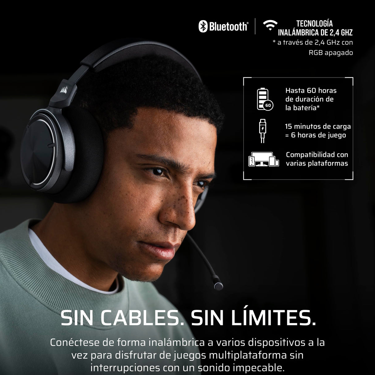 Corsair Virtuoso MAX Wireless Auriculares para Juegos con Bluetooth – Dolby Atmos, SoundID, Cancelación Activa del Ruido, Micrófono de Calidad Broadcast, para PC, Mac, PS5, PS4 – Carbono