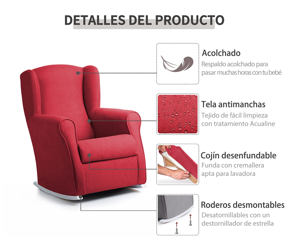 Sillonea - Sillón de Lactancia Roma con Balanceo para Amamantar - Butaca Ergonómica y Compacta con Antimanchas Habitación del Bebé (Gris, Madera Lacada Blanca, 96x74x77 cm)
