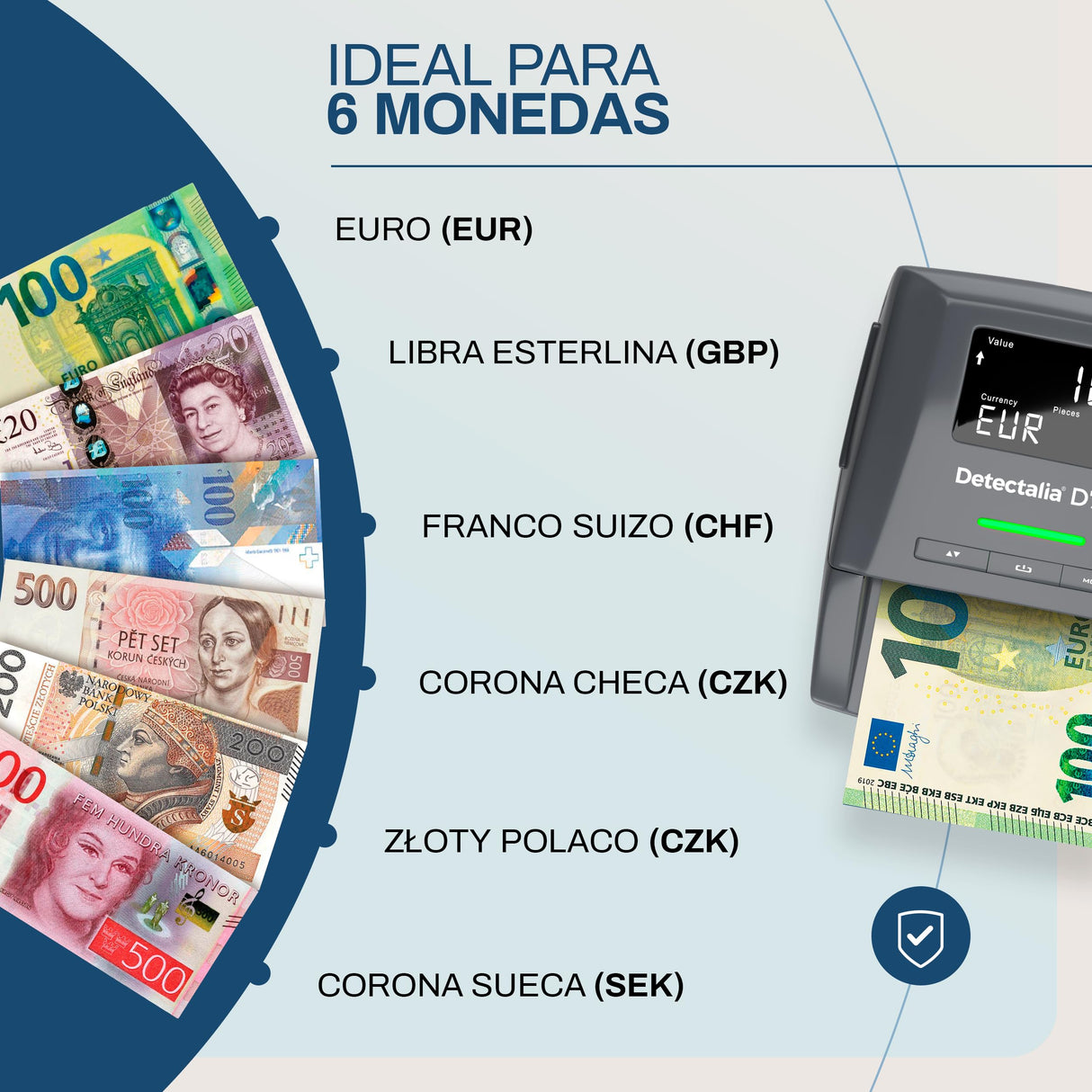 Detectalia D7X - Detector de billetes falsos con 7 sistemas de derección y 100% fiabilidad para 6 divisas EUR, GBP, CHF, PLN, CZK y SEK - 14 x 12 x 6 cm