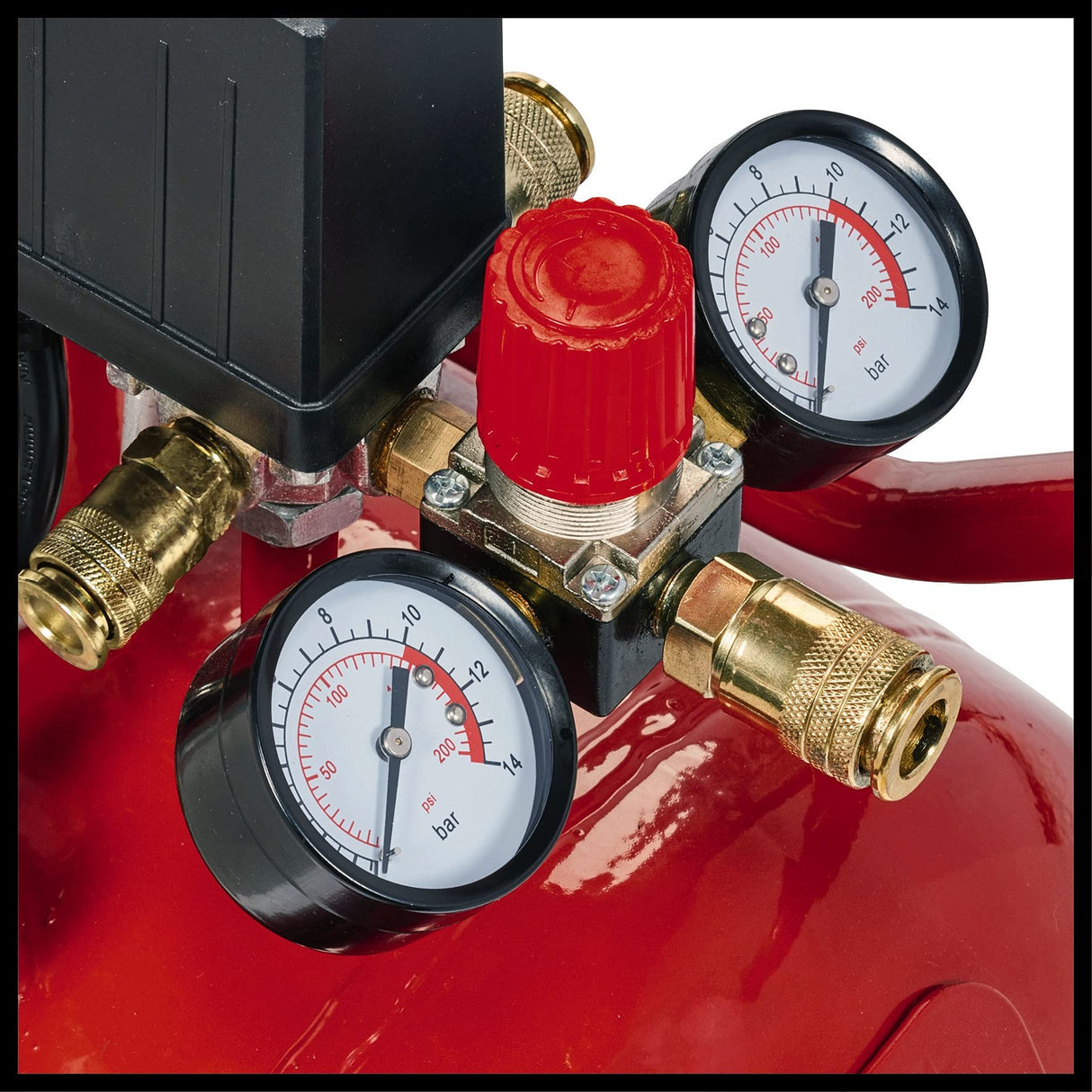 Einhell Compresor TE-AC 400/50/10 V (cilindro en V lubricado por aceite, 2200W, 10 bar, tanque de 50L, capacidad de aspiración de 400l/min, reductor de presión, 2 manómetros y 2 acoplamientos rápidos)