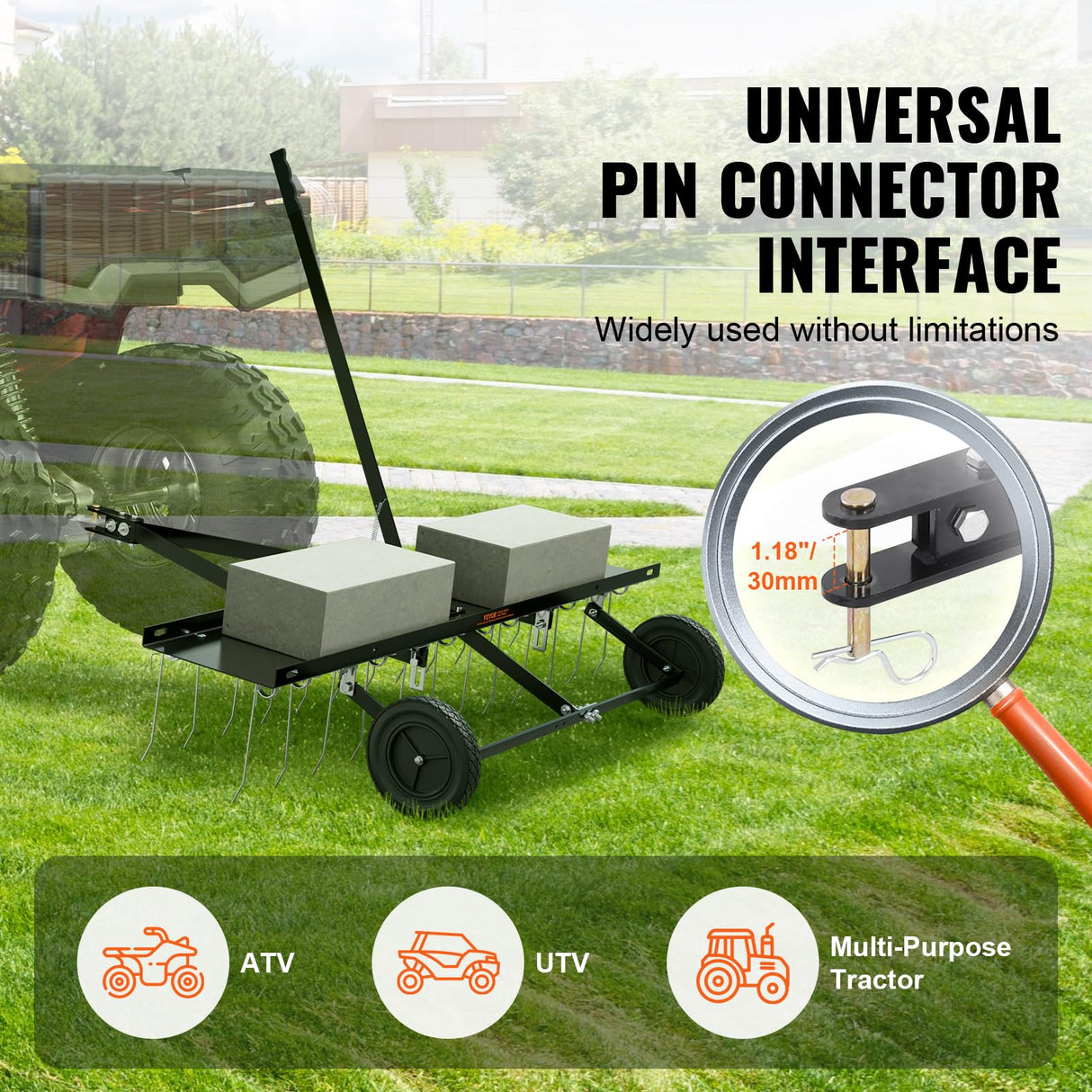 VEVOR Cortacéspedes de Remolque detrás de 1219 x 1140 x 865 mm con 24 Púas de Acero con Resorte, Rastrillo de Césped para ATV o Cortacésped, con Mango de Elevación para Césped de Granja de Jardín