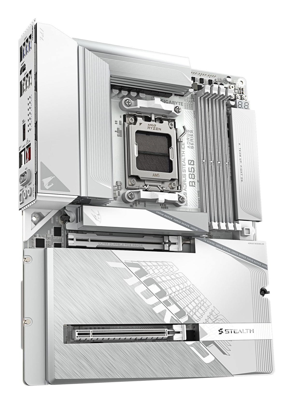 GIGABYTE B850 AORUS Stealth Ice Placa Base – Procesadores AMD Ryzen Serie 9000, VRM Digital de 14+2+2 Fases, hasta 8200 MHz DDR5 (OC), 2 x M.2 PCIe 5.0 + 2 x PCIe 4.0, Wi-Fi 7, LAN 5 GbE