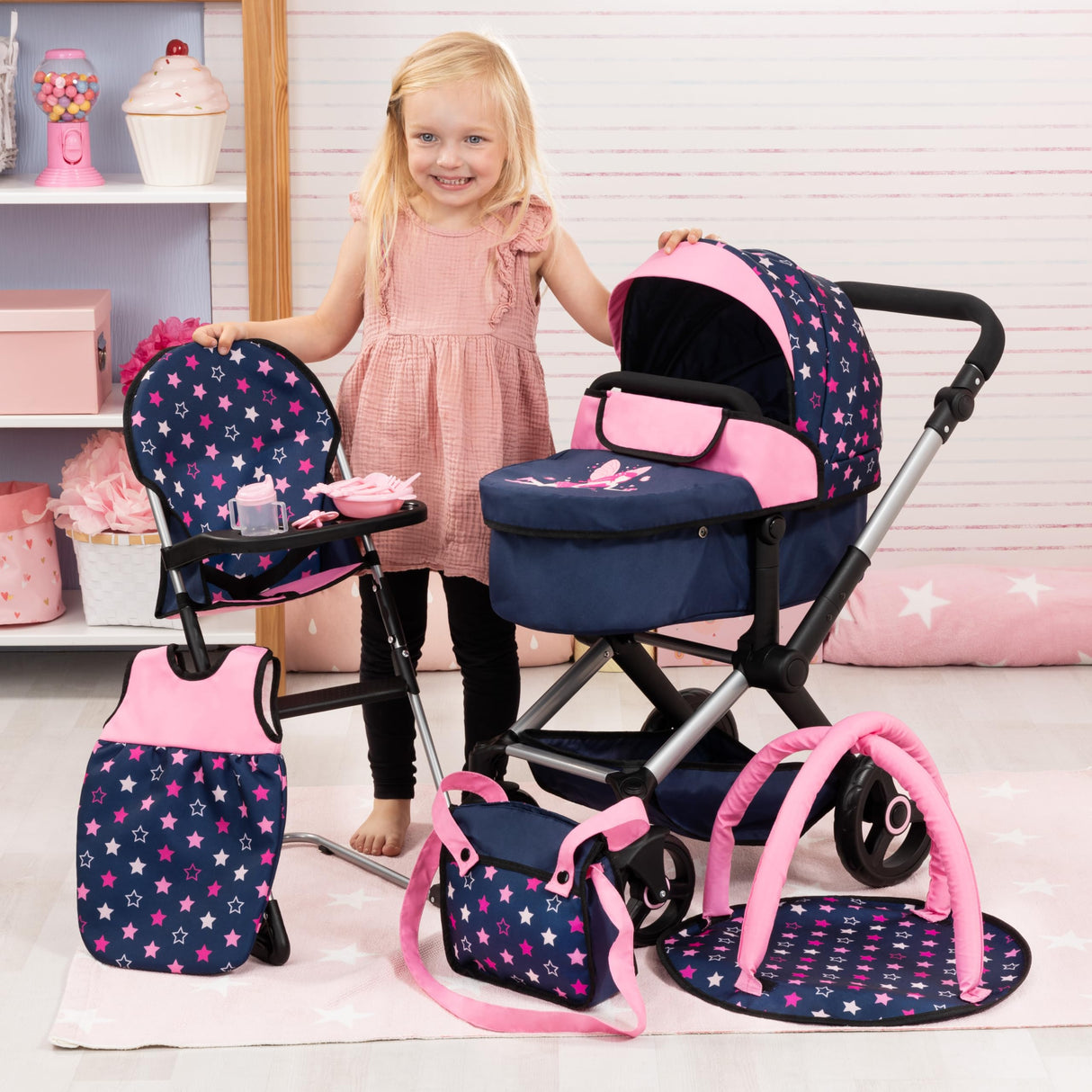 Bayer Design 17016AD Cochecito de muñeca XEO, Convertible, Regulable en Altura, Trona para muñeco bebé, Bolsa, Saco de Dormir, Gimnasio Actividades, Accesorios