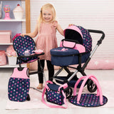 Bayer Design 17016AD Cochecito de muñeca XEO, Convertible, Regulable en Altura, Trona para muñeco bebé, Bolsa, Saco de Dormir, Gimnasio Actividades, Accesorios