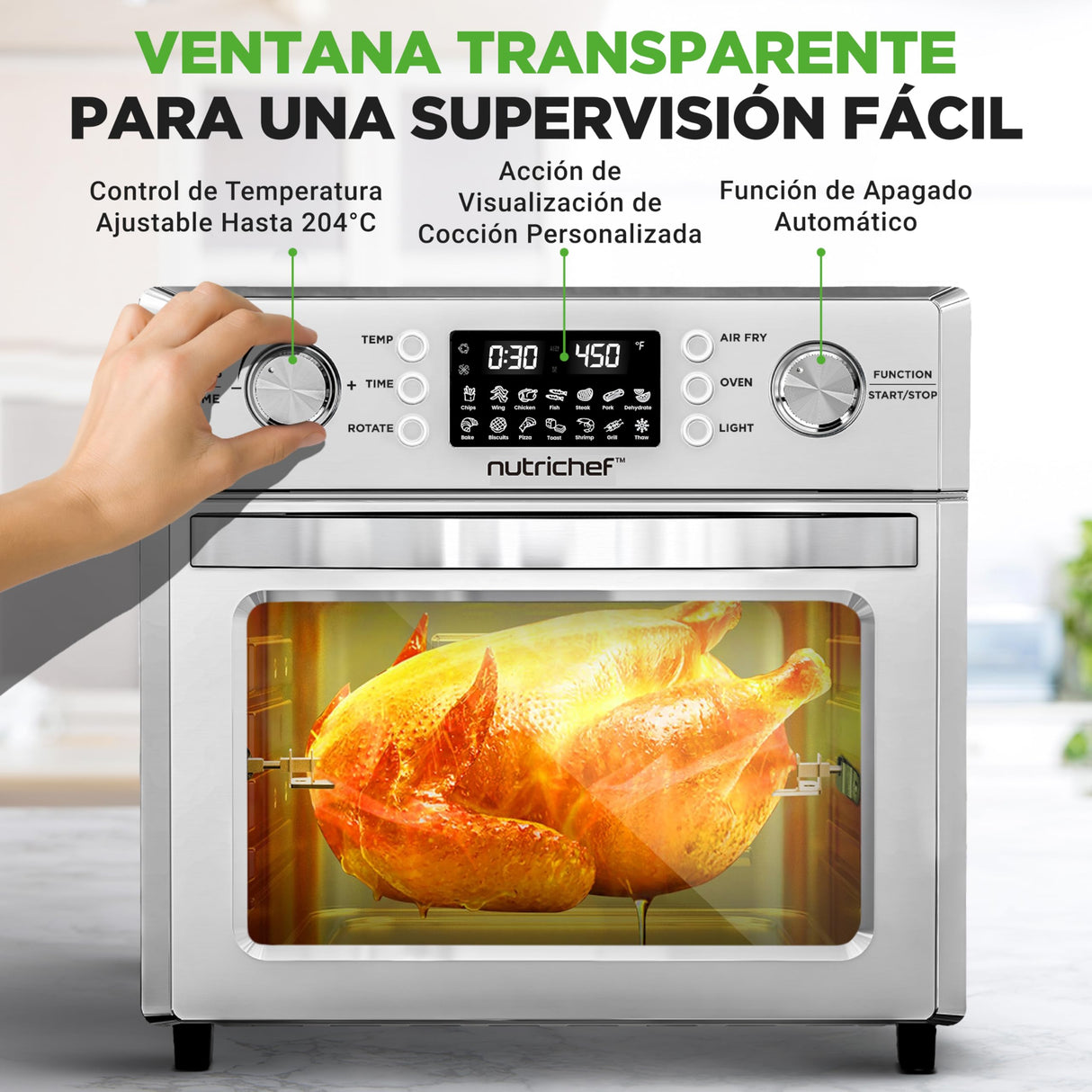 Nutrichef freidora aire, Air fryer, 26L, Horno, Electrico, 10 funciones automaticas, Incluye Bandeja recolectora, canasta para freír y rejilla para hornear