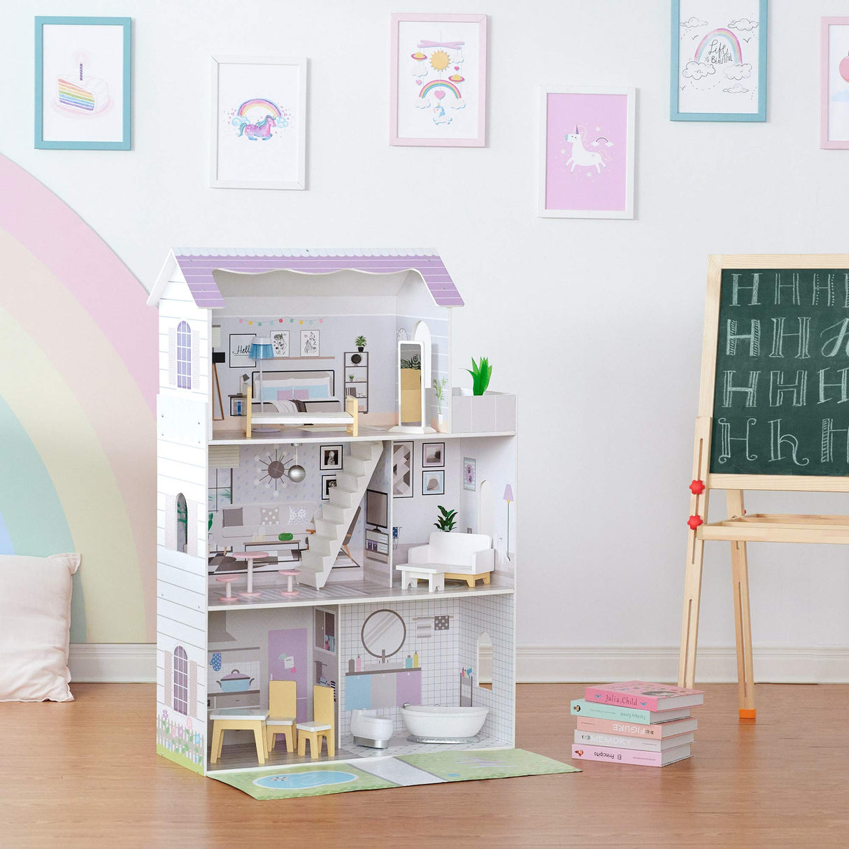 Olivia's Little World Grande Casa de Muñecas de Madera con 3 Niveles con Jardín para Niños y 16 Accesorios y Muebles para Muñecas de 30 cm