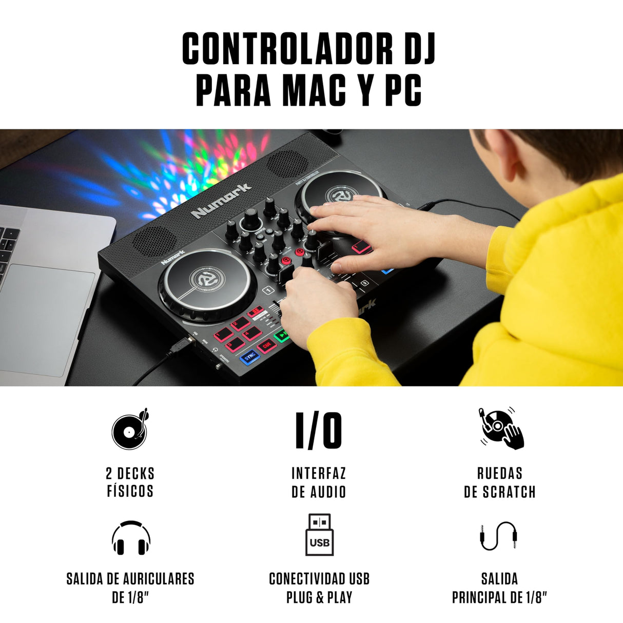 Numark Party Mix Live Controladora DJ, Mesa DJ Con Luces DJ, Altavoces, Mezclador DJ e Interfaz Audio, Con Serato DJ Lite