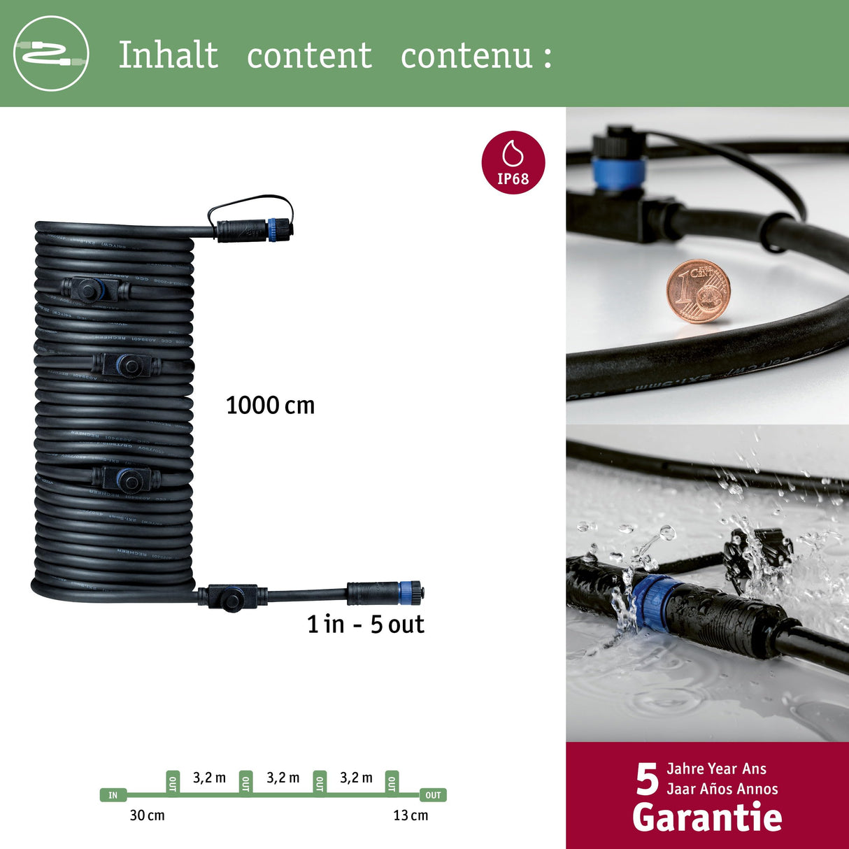 Paulmann 93930 Plug & Shine Connector exterior 10 m 1in-5out IP68 2x1,5 mm² 93930 Cable de extensión, cable de conexión, iluminación exterior, Negro