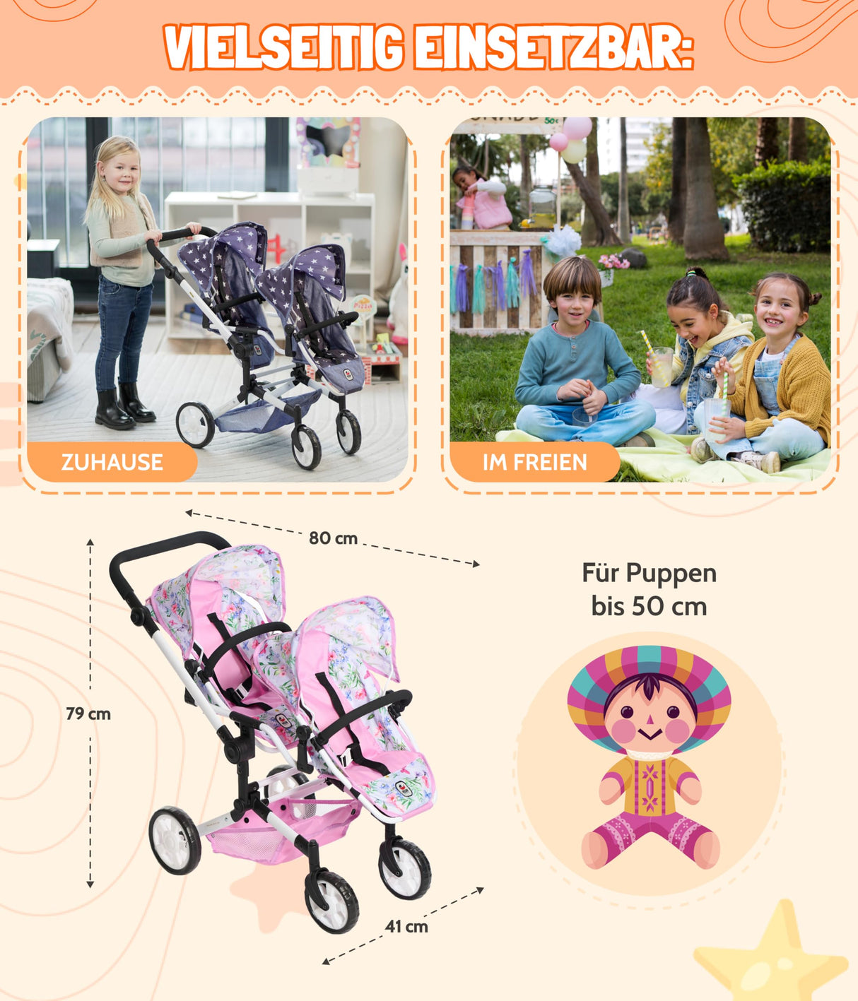 Bayer Chic 2000 - Cochecito para muñecas Linus Duo para niños de 4 a 8 años, Flores, Rosa 690-53