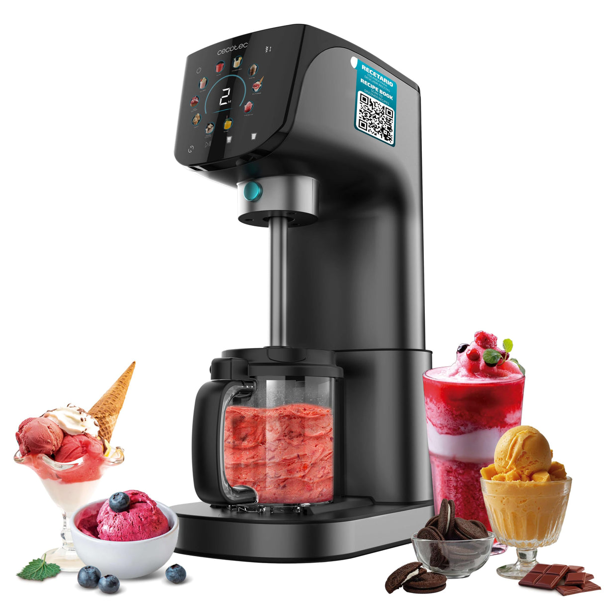 Cecotec Heladera Multifunción Capacidad 2,1L, 3 Tarrinas, Gelatec 2100. 500W, 11 Programas de Helado y Bebidas Granizadas, Tecnología CreamOn y Re-spin, Pantalla Táctil, Incluye Recetario Digital