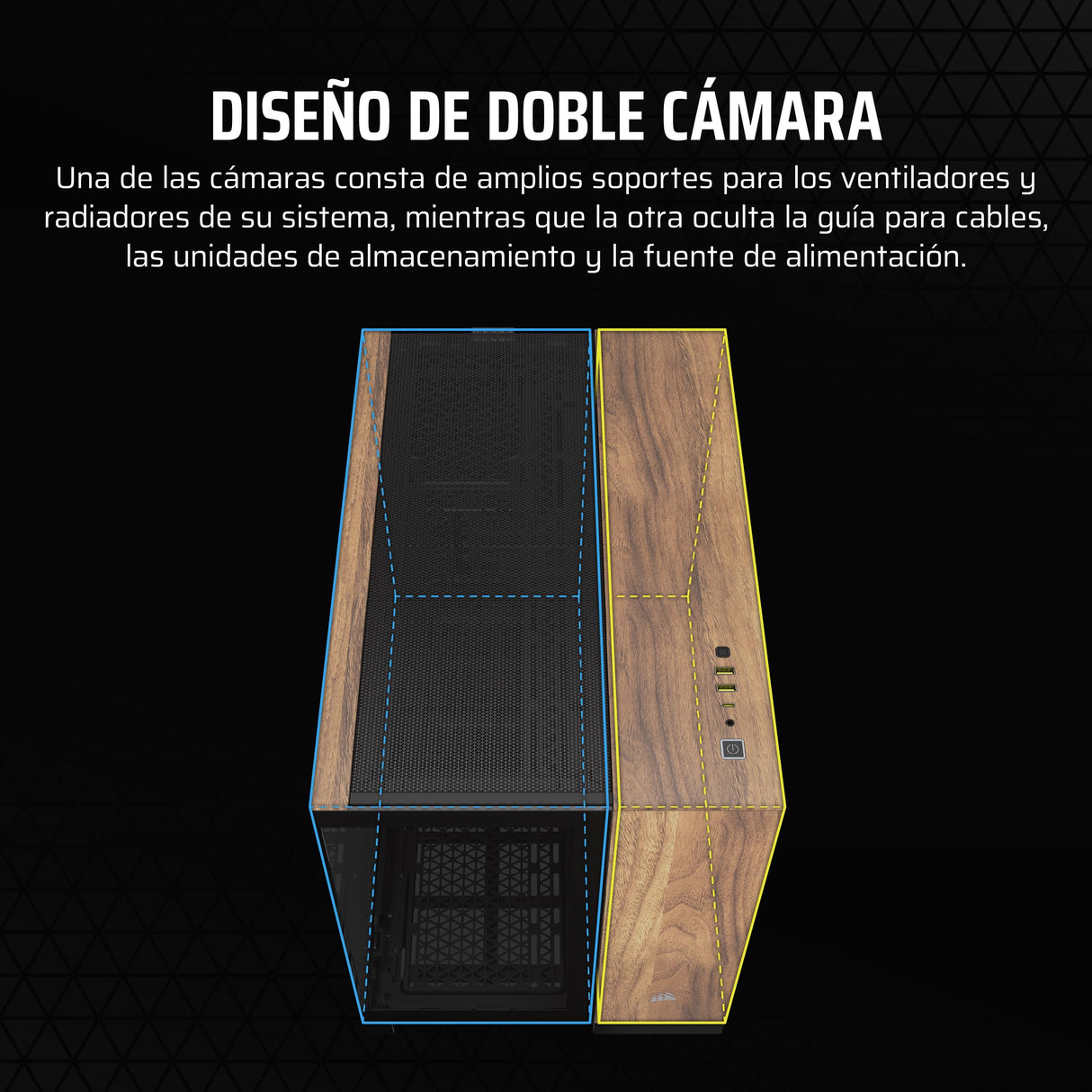 CORSAIR 2500X Pequeña-Torre mATX Caja de PC de Doble Cámara - Cristal Templado Panorámico - Conexión Inversa Compatible con Placa Base - Sin Ventiladores Incluidos - Negro/Madera de Nogal