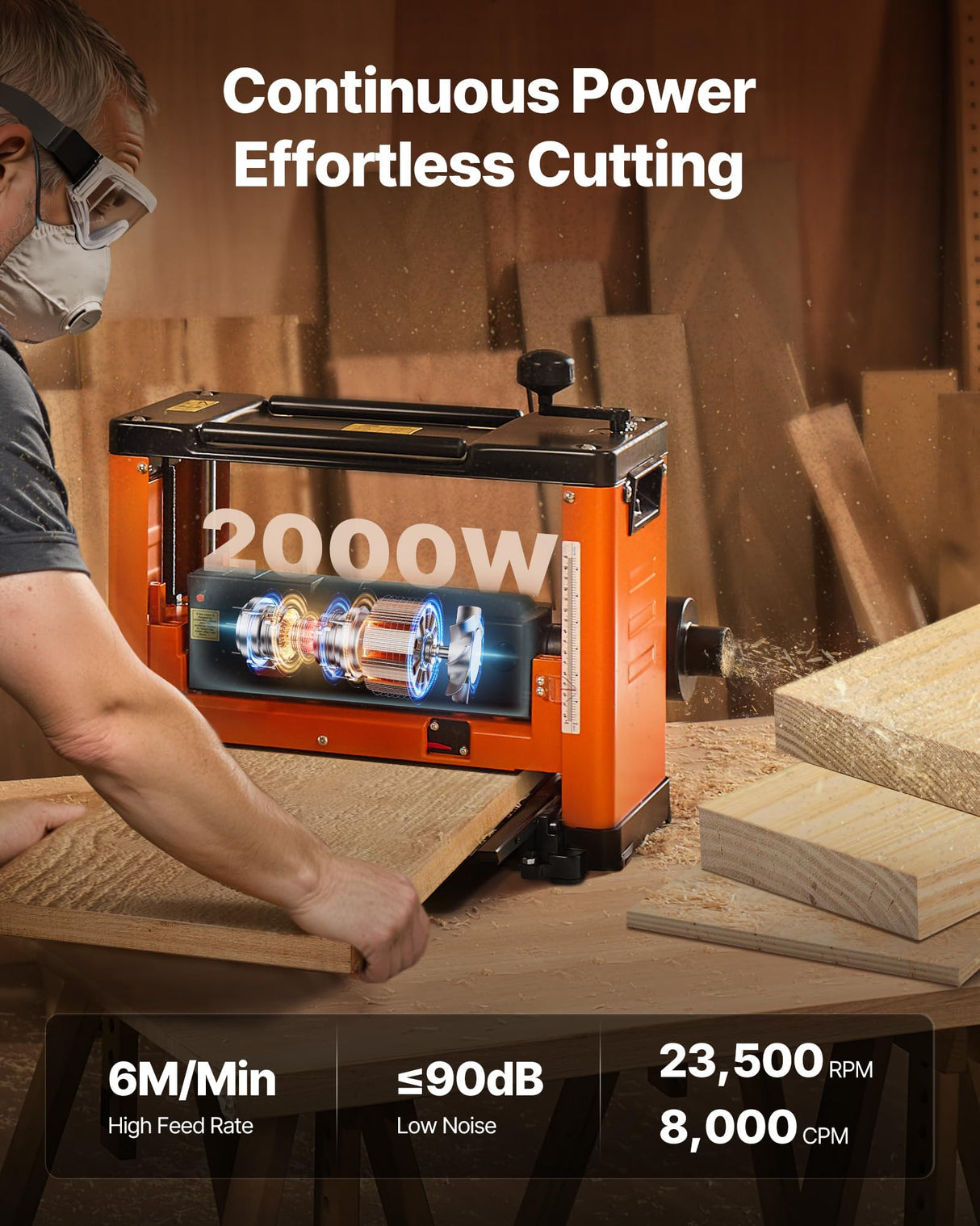 VEVOR Cepilladora Eléctrica, Mesa de Trabajo de 33 cm de Ancho, Cabezal de Corte en Espiral con 24 Insertos, 2000 W 23500 RPM Moto Potente, Rodillo Doble, Velocidad Única, para Madera Dura/Blanda