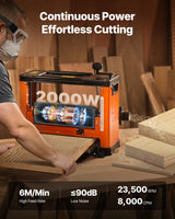 VEVOR Cepilladora Eléctrica, Mesa de Trabajo de 33 cm de Ancho, Cabezal de Corte en Espiral con 24 Insertos, 2000 W 23500 RPM Moto Potente, Rodillo Doble, Velocidad Única, para Madera Dura/Blanda