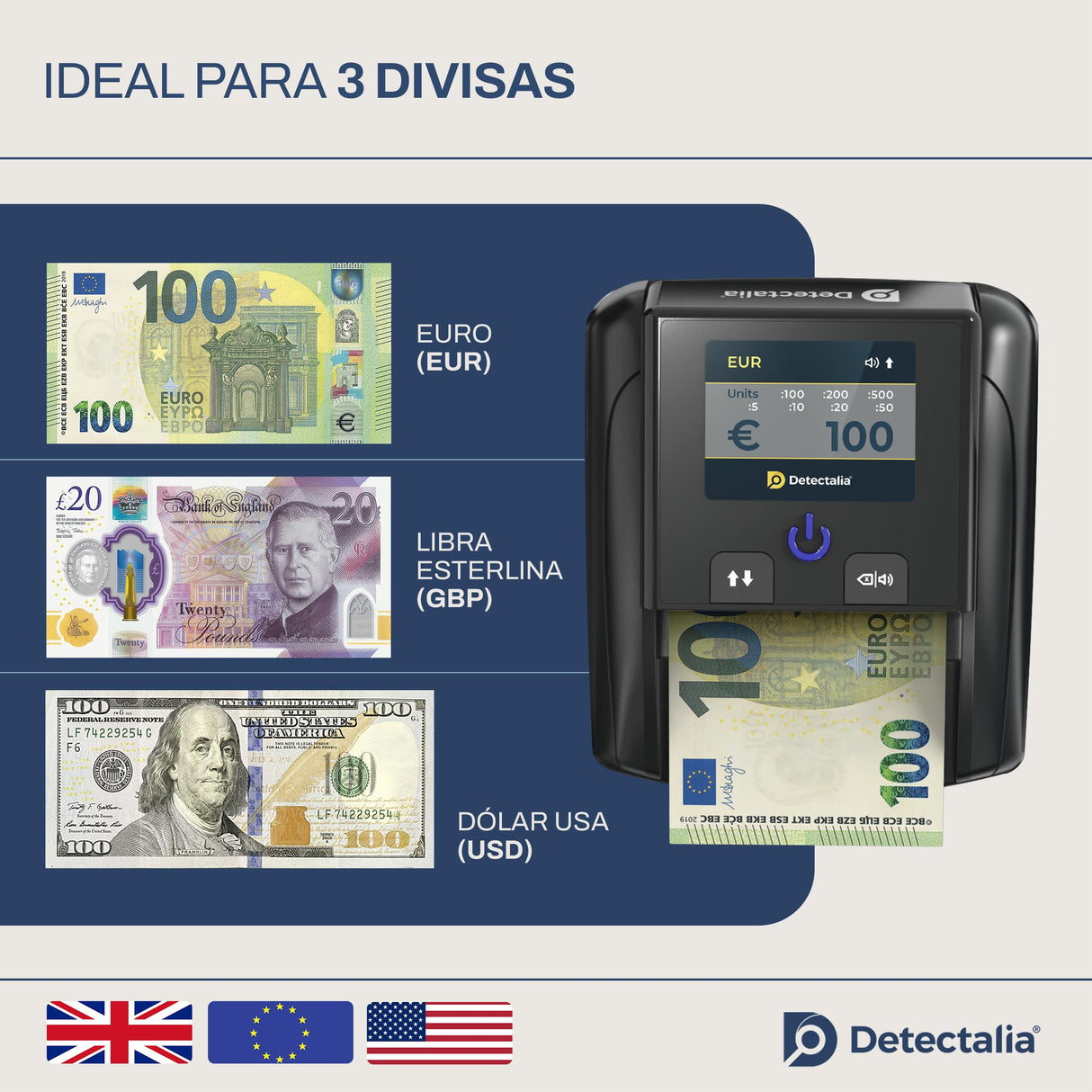 Detectalia D7T+ Detector de Billetes Falsos con 100% detección para 3 divisas EUR, GBP, USD con 5 Sistemas de deteccion y Pantalla TFT