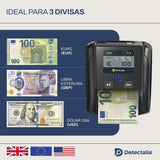 Detectalia D7T+ Detector de Billetes Falsos con 100% detección para 3 divisas EUR, GBP, USD con 5 Sistemas de deteccion y Pantalla TFT