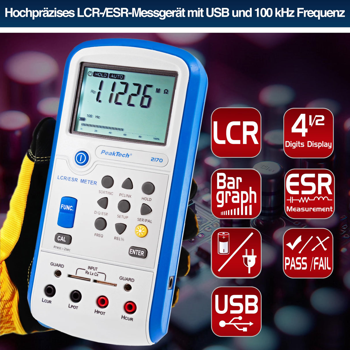 PeakTech 2170 - Medidor LCR, Dispositivo de Medición Esr con Usb, Incluido Software, Frecuencia 1/120 Hz, 1/10/100 Khz, Digital, Medición de Corriente, Pantalla LCD Iluminada, Gráfico de Barras