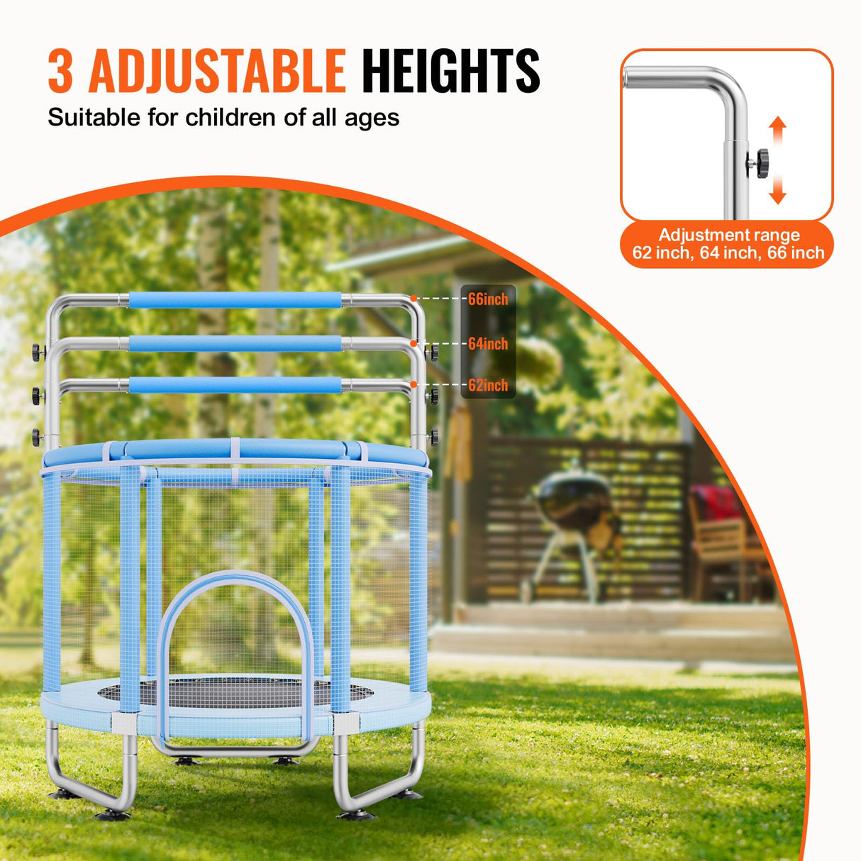 VEVOR Trampolín para Niños para Interior y Exterior, Minitrampolín Recreativo para Niños Pequeños con Red de Seguridad y Aro de Baloncesto, para Niños de Más de 3 Años, 1470 x (1540-1690) mm Azul