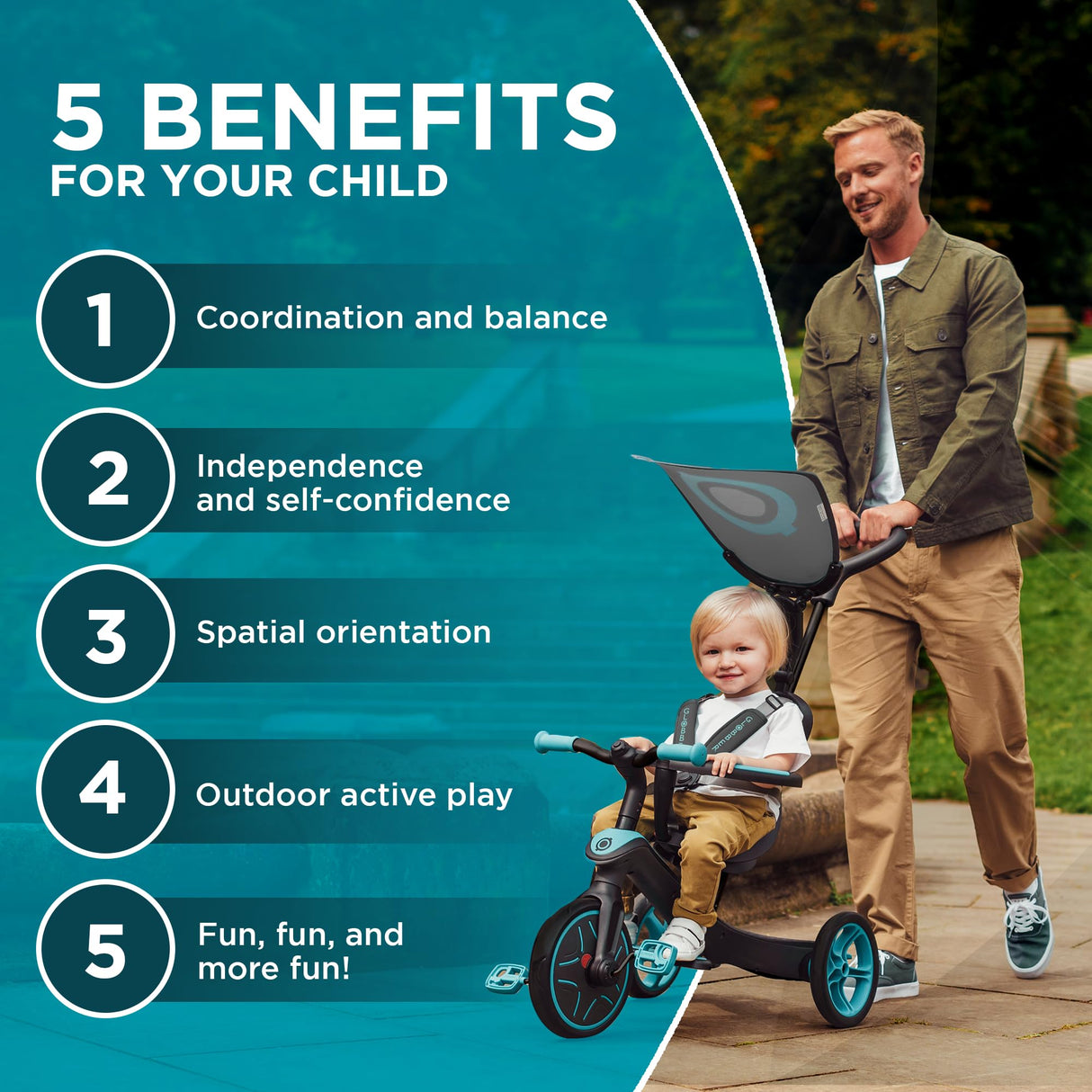 Globber - Explorer Trike 4 in 1 - Triciclo y Bicicleta de Equilibrio Todo en uno para niños pequeños de 10m + a 5 años +, Verde Azulado