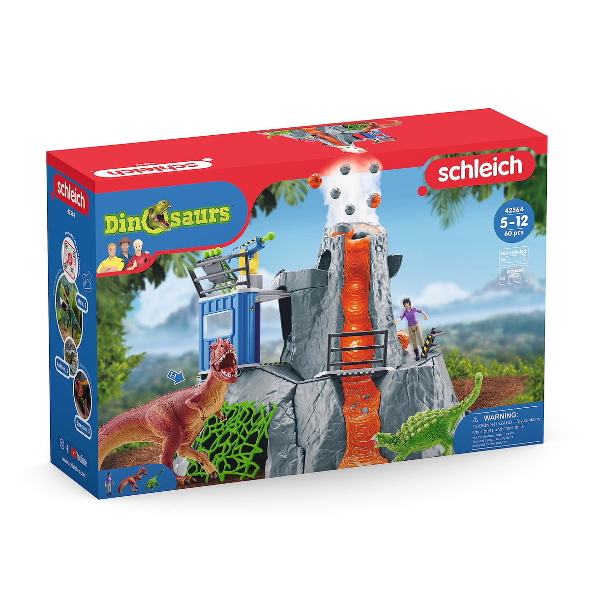 Schleich Dinosaurs 42564 — Set Campamento Base de Expedición con Dinosaurios de Juguetes — Incluye Volcán en Erupción LED, Exploradores y 2 Figuras de Dinosaurios — Juguetes para Niños 5 Años o Más