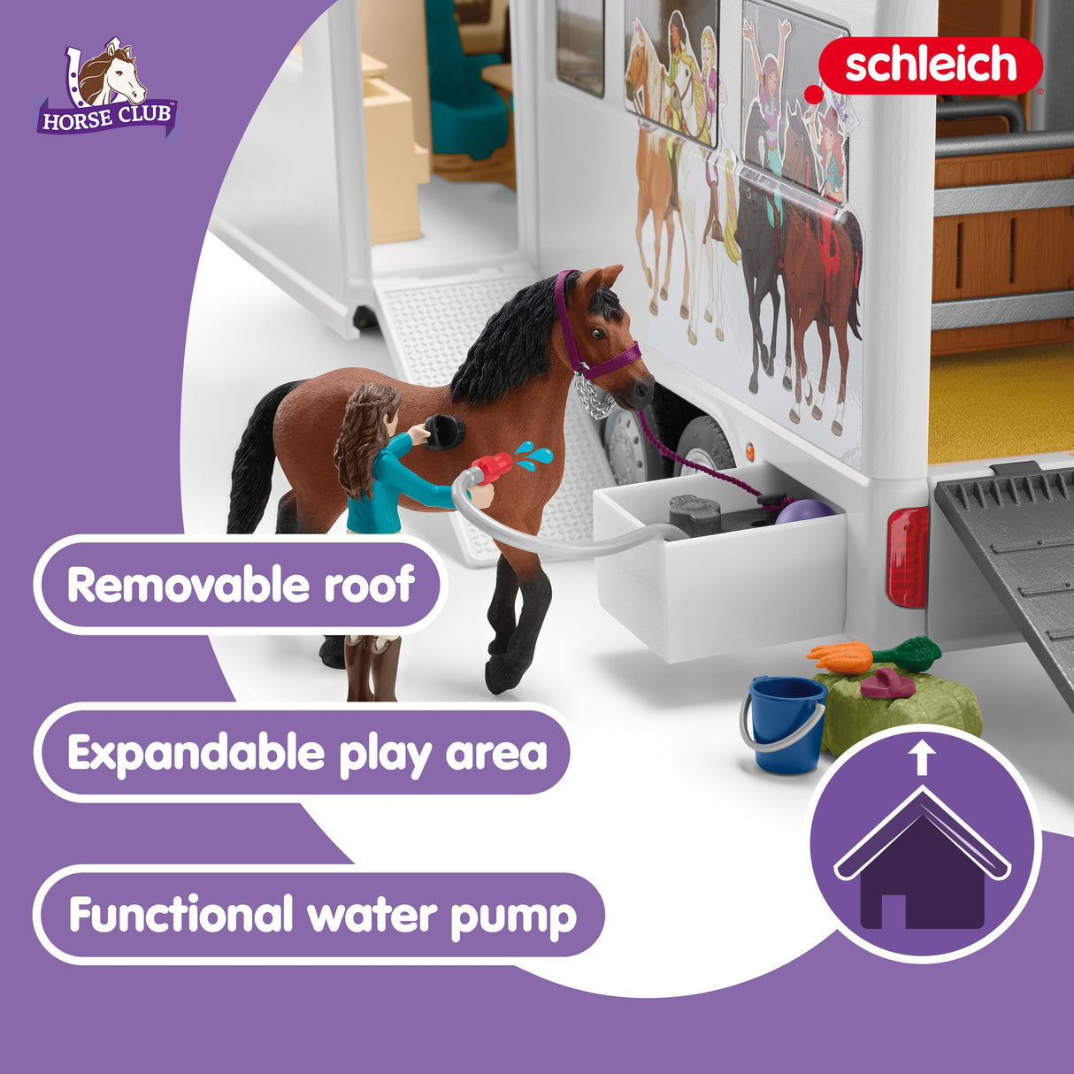 Schleich Horse Club 42619 — Set Transporte de Caballos con Remolque y 3 Figuras, 227 Piezas — Animales de Juguete Coleccionables — Set de Caballos — Juguetes para Niños de 5 Años o Más