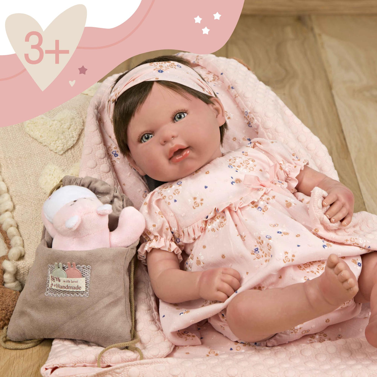 ARIAS - Muñeca Reborn Esther de 45 cm con Manta y Peluche, Bebé Realista con Ropita Rosa, Chupete y Chupetero, Extremidades de Vinyl y Cuerpo Blando, Juguete para Niños y Niñas +3 años (ARI98083)