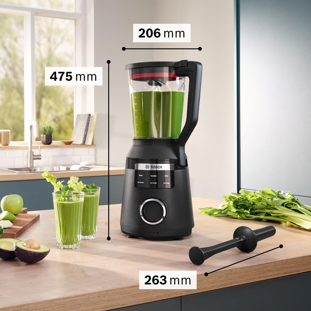 Bosch, batidora de vaso MMB6652B, VitaPower Serie 6, motor de 1800 vatios, velocidad del motor de hasta 45.000 rpm, 6 programas automáticos, jarra batidora Tritan, negro