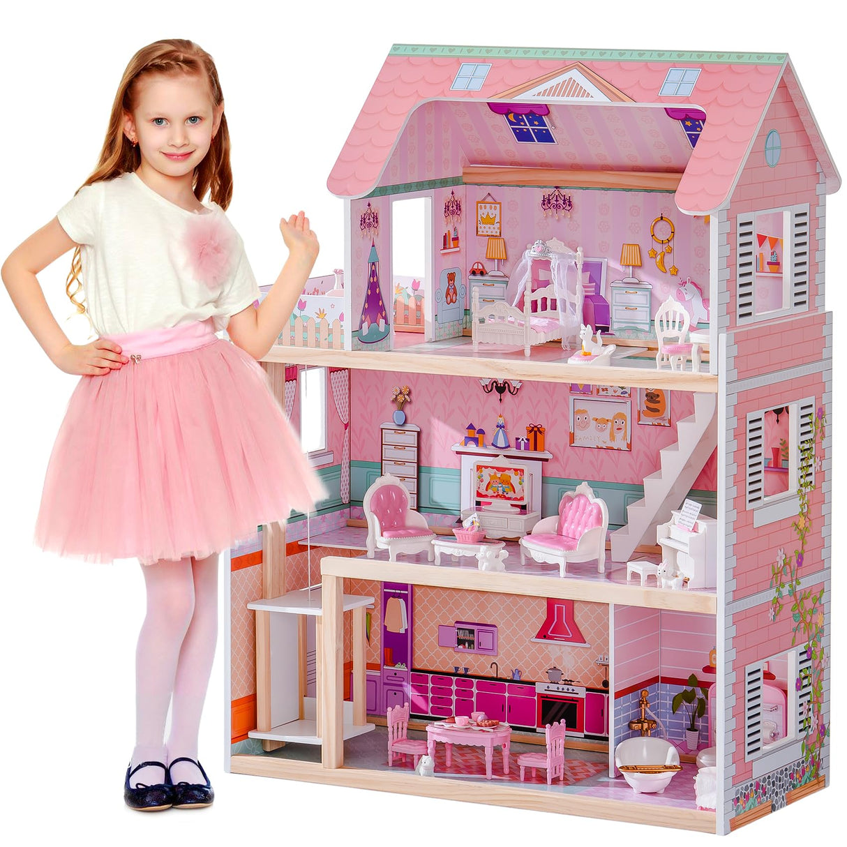 ROBUD Casa de muñecas de Madera para niños, casa de muñecas Regalo para niñas y niños de 3, 4, 5, 6 años